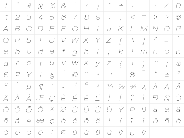 Helvetica Neue 23 Ultra Light Extended Oblique  glyph index