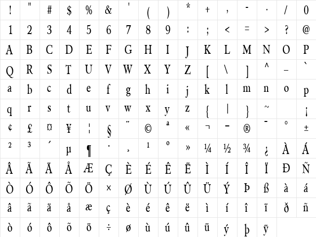 PilgrimCondensed Regular  glyph index