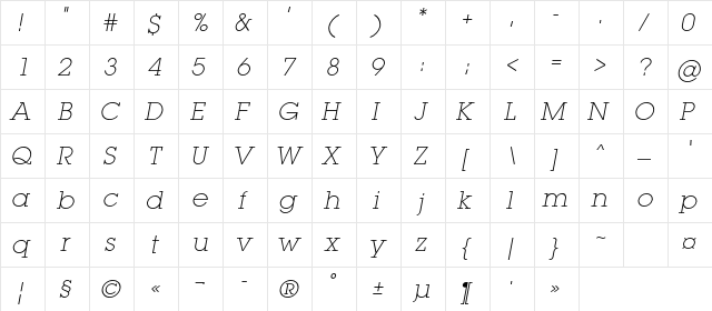 LugaExtraLightC Italic  glyph index