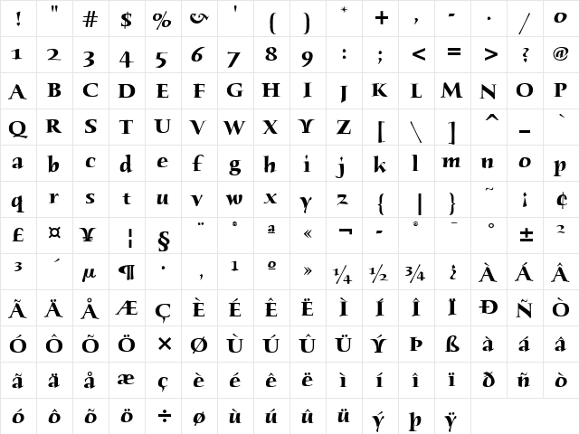 Humana Serif ITC Bold  glyph index