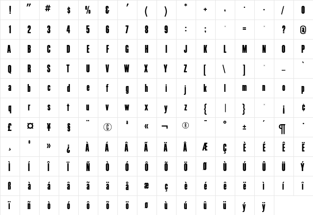 BlockGothicRR Regular  glyph index