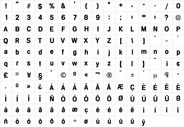Mercedes-Bold Regular  glyph index
