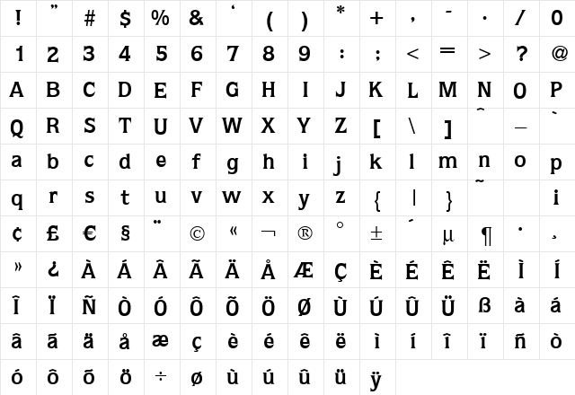 Q853-Flare Bold  glyph index