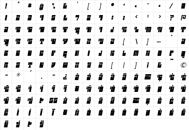 Outright Regular  glyph index