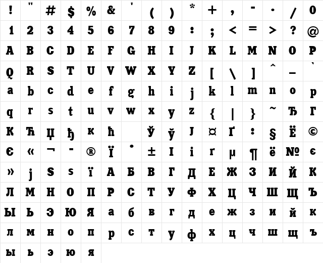 XeniaCondensedCTT Regular  glyph index