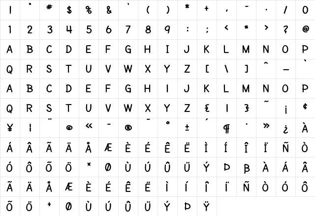 SF Cartoonist Hand SC Bold  glyph index