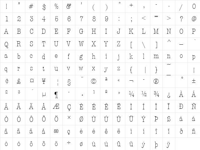AmericanTypItcTLigCon Regular  glyph index