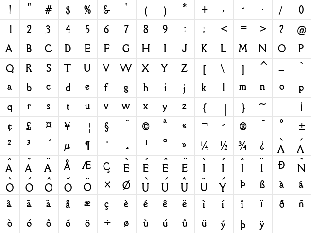 Rory Condensed Bold  glyph index