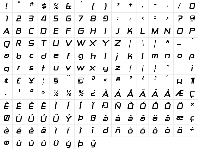 Zekton ExHv Italic  glyph index