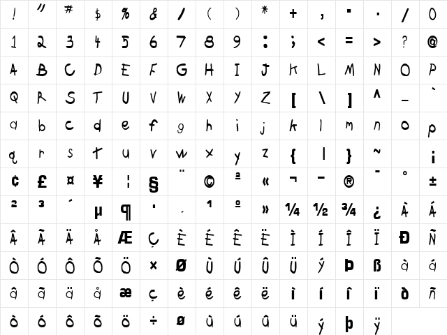 BrokenArrowDrive Regular  glyph index