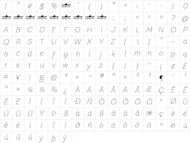 Garbata Trial Thin Italic  glyph index