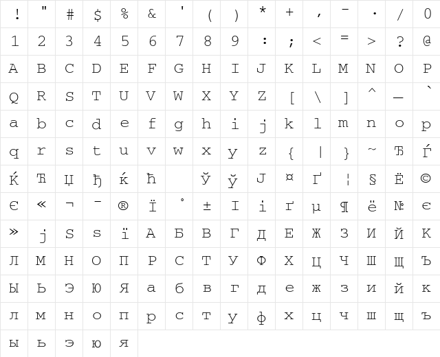 CourierWINCTT Regular  glyph index