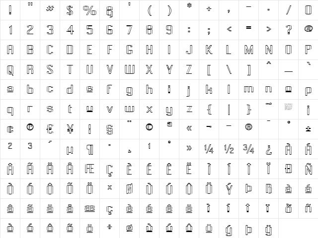 Pecot Upper Outline Regular  glyph index