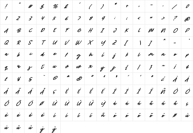 Abiyu Chan Italic Regular  glyph index