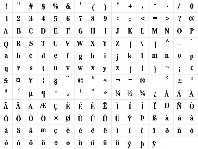 ITCCheltenham-Condensed Bold  glyph index