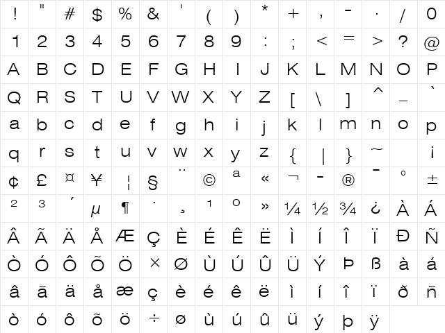 Swis721 LtEx BT Light  glyph index
