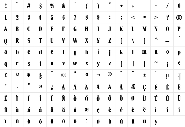 HancockBoldCondensed Roman  glyph index