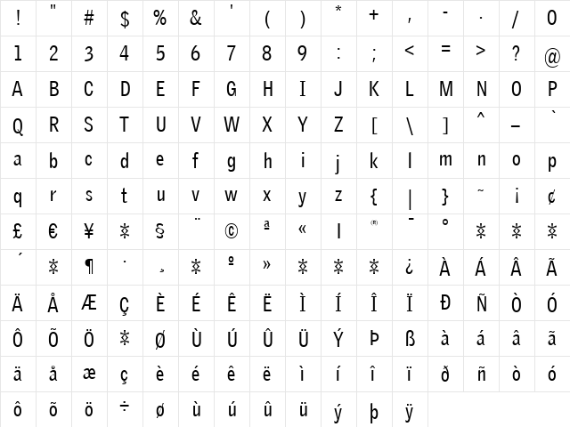GriffithGothic Cond Regular Regular  glyph index