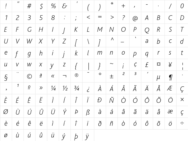 Bliss Pro ExtraLight Italic  glyph index