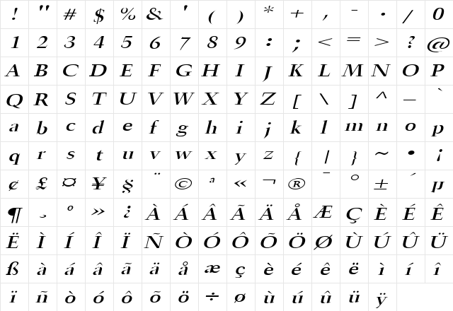 Horn Extended Italic  glyph index