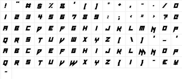 Neon Vampire Italic  glyph index