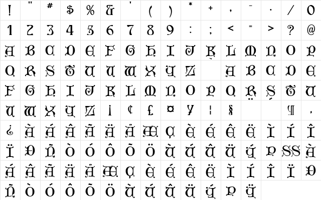 Aneirin Regular  glyph index