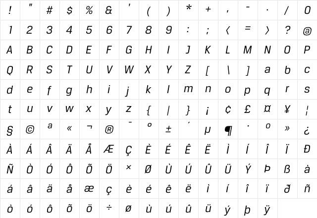 BreuerText Italic  glyph index