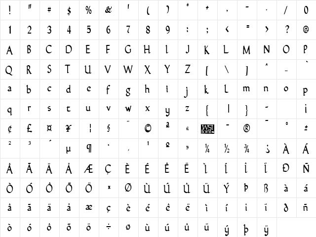 GuntherNarrow Regular  glyph index