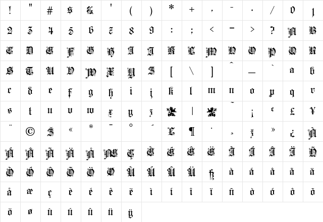 KaiserGothic Regular  glyph index