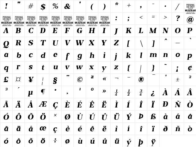 Blaak ExtraBold PERSONAL USE Italic  glyph index