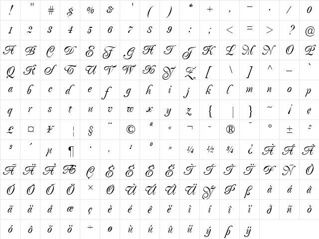 Poppl-Exquisit Italic  glyph index