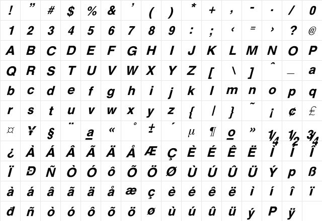 Westfalia Italic  glyph index