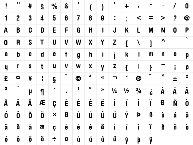 HelveticaRounded LT BoldCn Regular  glyph index