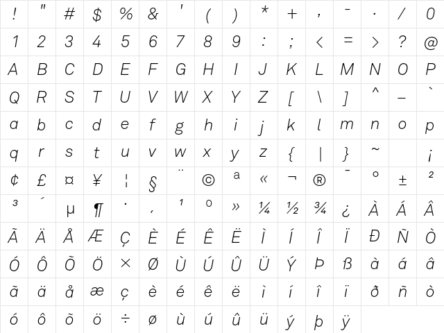 Akkurat Light Italic  glyph index