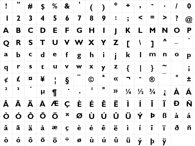 Gill Sans MT Bold  glyph index