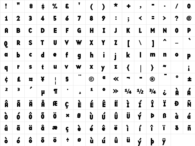 BaseTwelveSansB Regular  glyph index