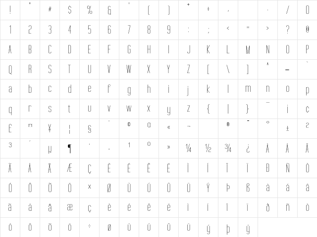 Tall Films Expanded Regular  glyph index