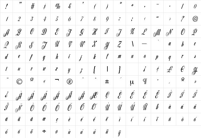 Z650-Script Regular  glyph index
