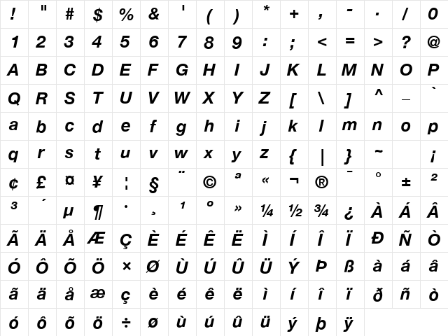 Helvetica Neue Bold Italic  glyph index