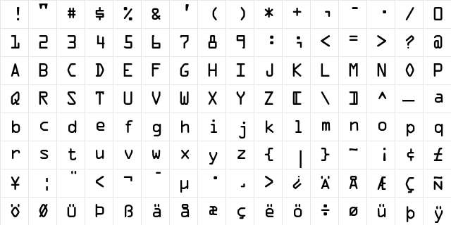OCRA Alternate  glyph index