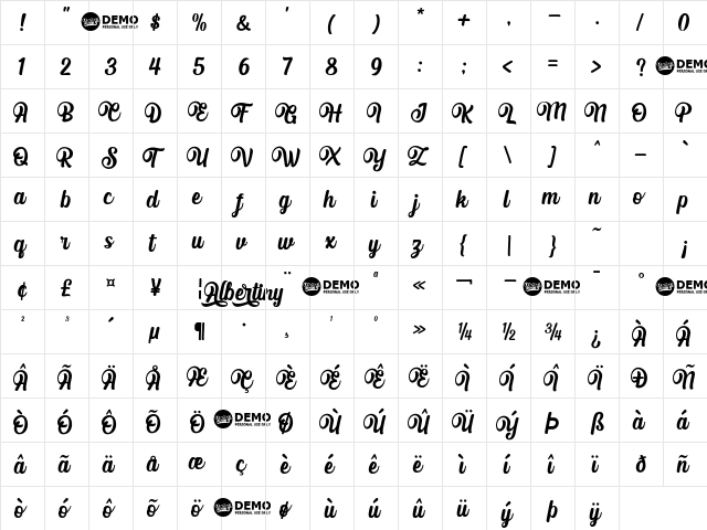 Albertiny Personal Use Regular  glyph index