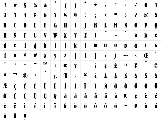 AkronBoldCondensed Regular  glyph index
