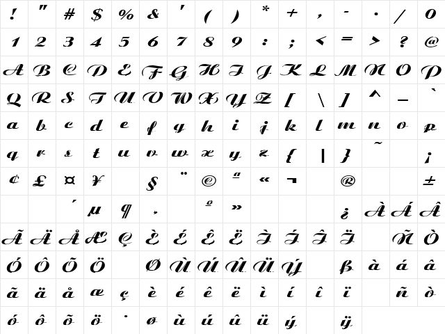 Honeymoon 1 Regular  glyph index