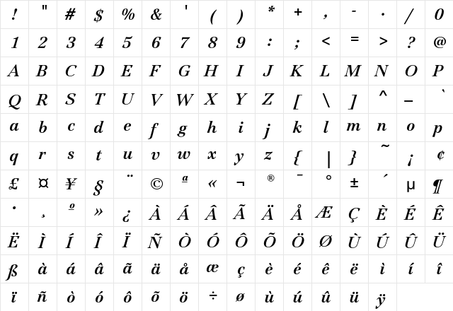 JamilleEF-BoldItalic Regular  glyph index