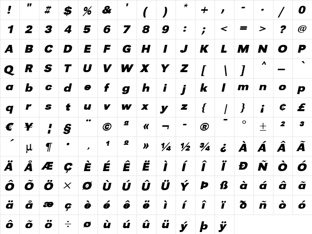 TomBeckerWide Bold Italic  glyph index