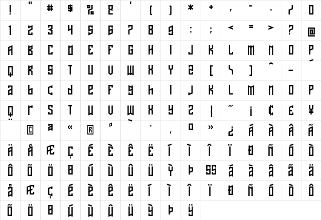 Naftalene Regular  glyph index
