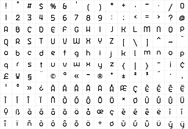Ekela Regular  glyph index