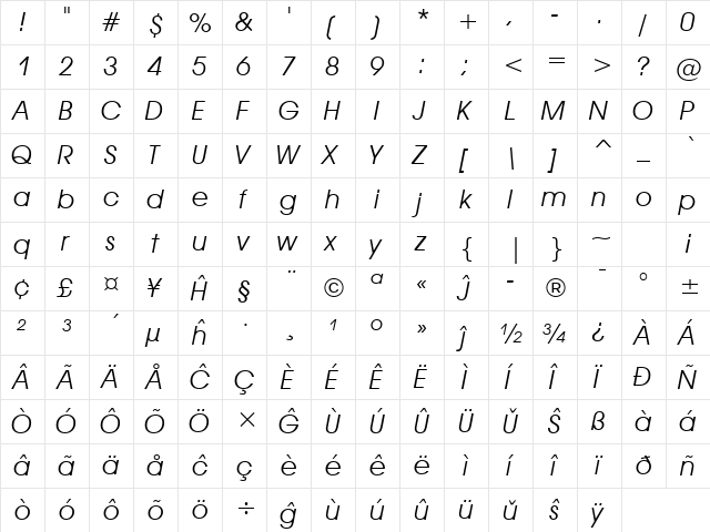 AvantGarde Bk BT Eo Book Oblique  glyph index