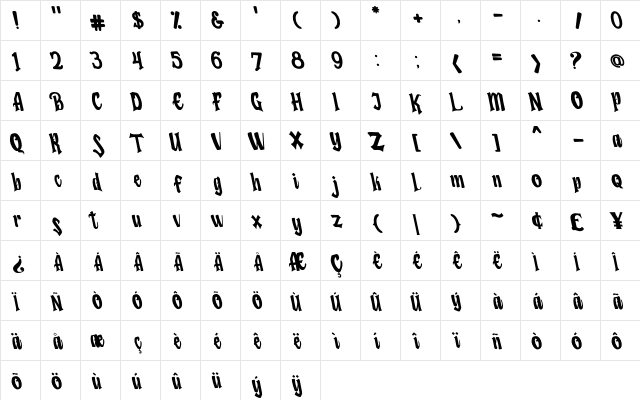 Humingson Tilted Regular  glyph index