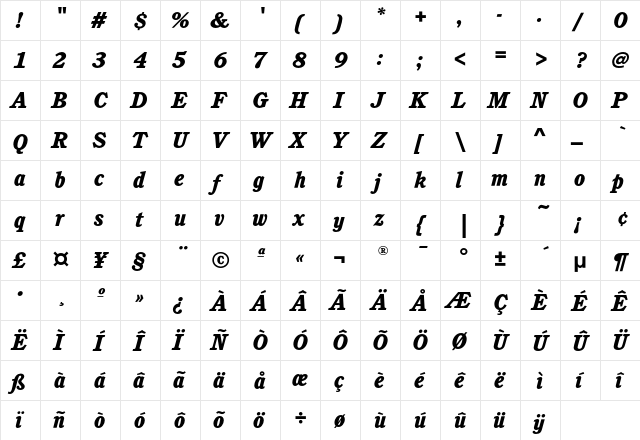 CushingEF-HeavyItalic Regular  glyph index